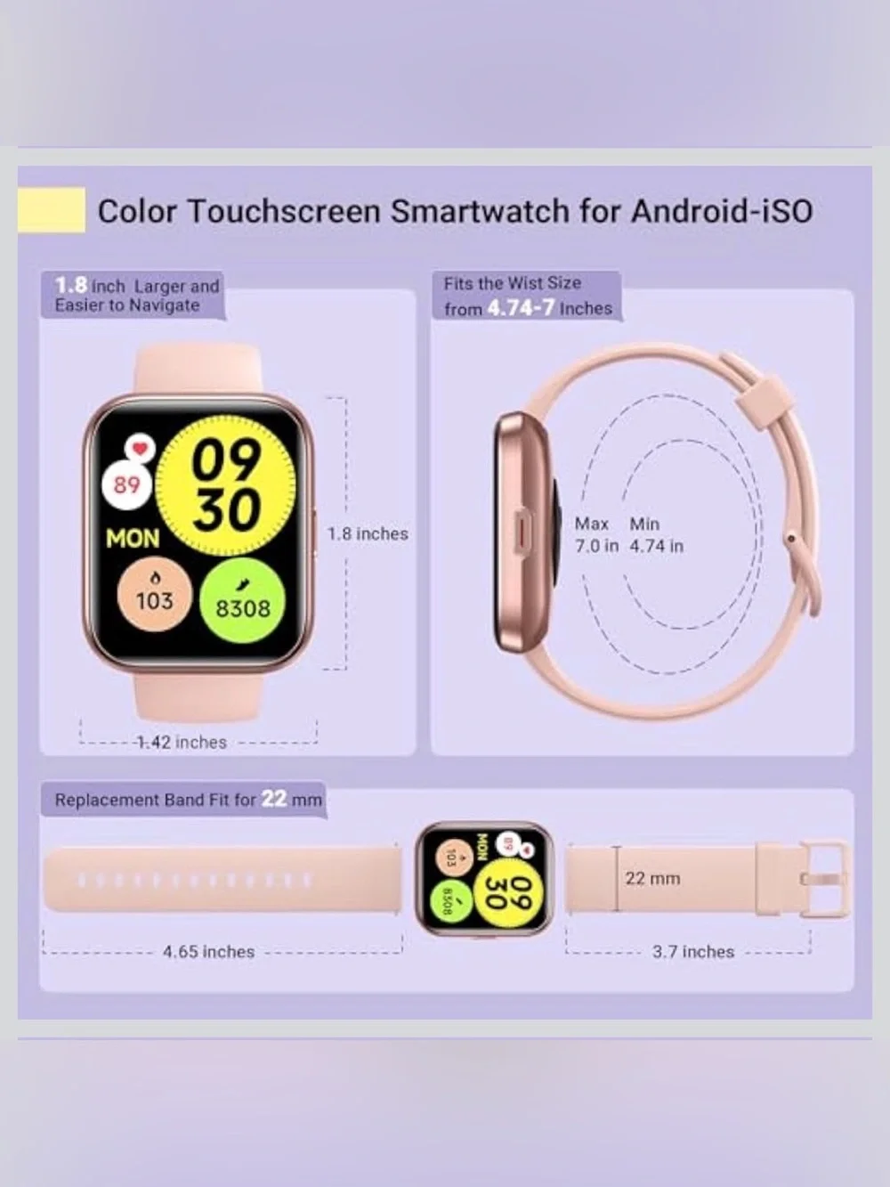 Quican Rose Pink Smartwatch with Heart Rate & Voice Assistant NWT